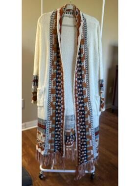 C+D+M Long Knit Cardigan Patterned Trim and Fringe Size L